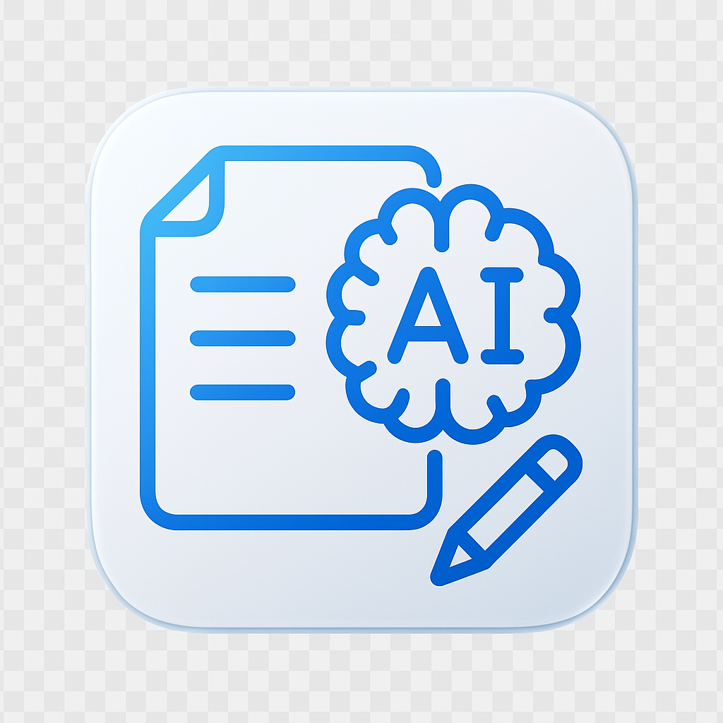 AI content creation service icon depicting document with brain and editing tools